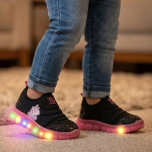 Tênis Bebê Menina Com Luz LED Novopé 99001050 Unicornio Preto Pink Fluor