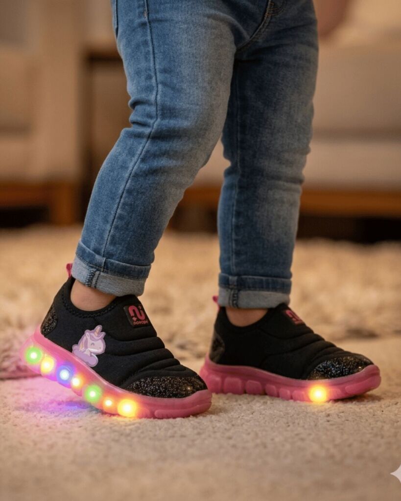 Tênis Bebê Menina Com Luz LED Novopé 99001050 Unicornio Preto Pink Fluor