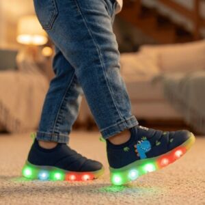Tênis Bebê Menino Com Luz LED Novopé 99001050 Dino Limão Marinho Slip On