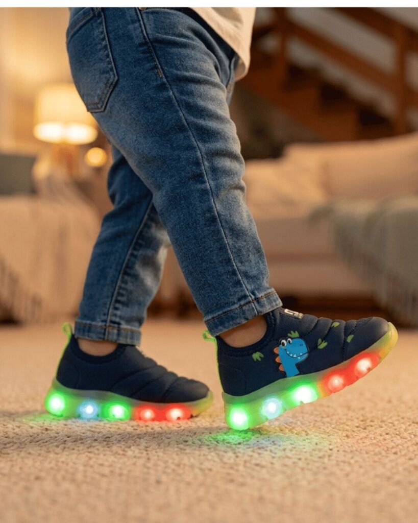 Tênis Bebê Menino Com Luz LED Novopé 99001050 Dino Limão Marinho Slip On